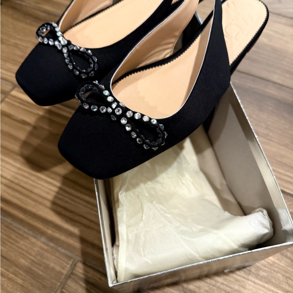 J. Crew Black Slingback Heels with Rhinestone Detail